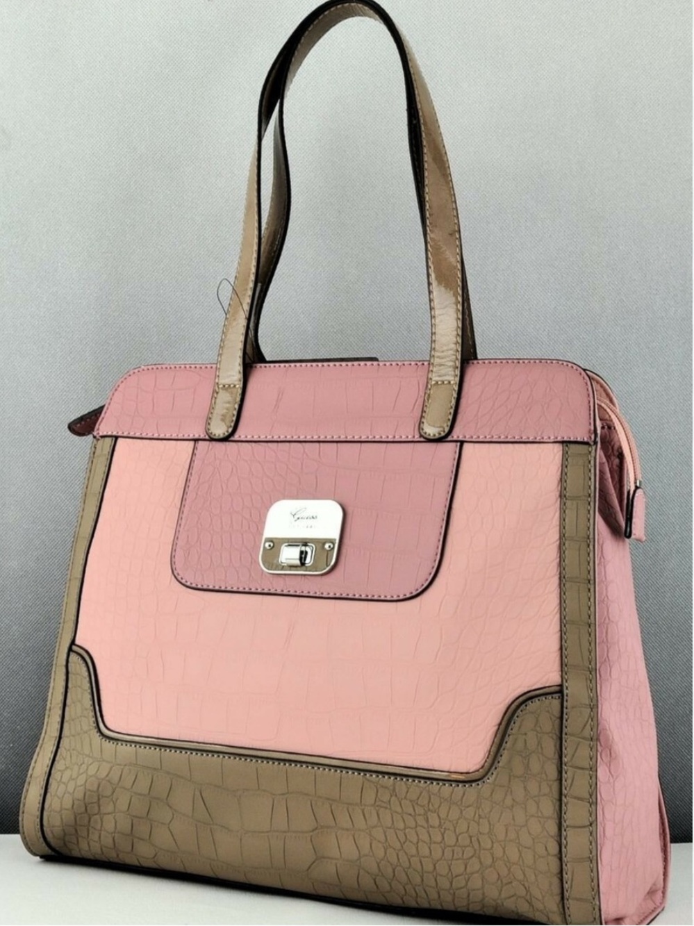 Guess Pink and Tan Croc-Embossed Tote